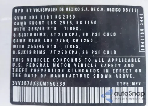 2019 Volkswagen Tiguan 2.0T Se/2.0T Sel/2.0T Sel R-Line/2.0T Sel R-Line Black from USA, damaged, VIN 3VV3B7AX8KM150239